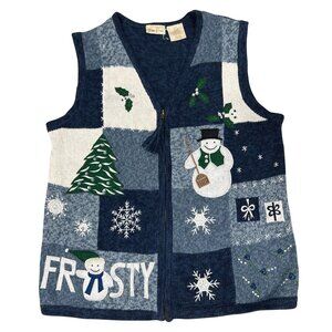 Bobbie Brooks Christmas Sweater Vest Knit Size S Winter Frosty Snowman Zip Up